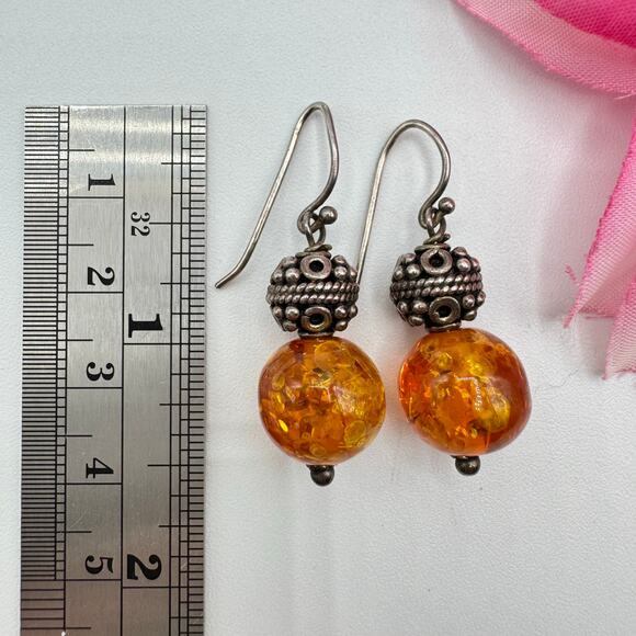 Bali Style Amber Chunk & Silver Bali Style Bead Dangle Earrings Acid UV Tested - Picture 12 of 12